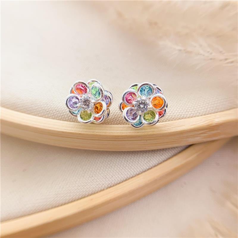 BRINCO FIXO FLOR COM ZIRCÔNIA - COLORIDA