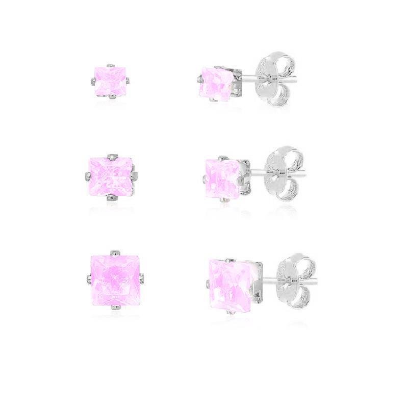 KIT TRIO BRINCO QUADRADO BANHADO A PRATA - ROSA CLARO