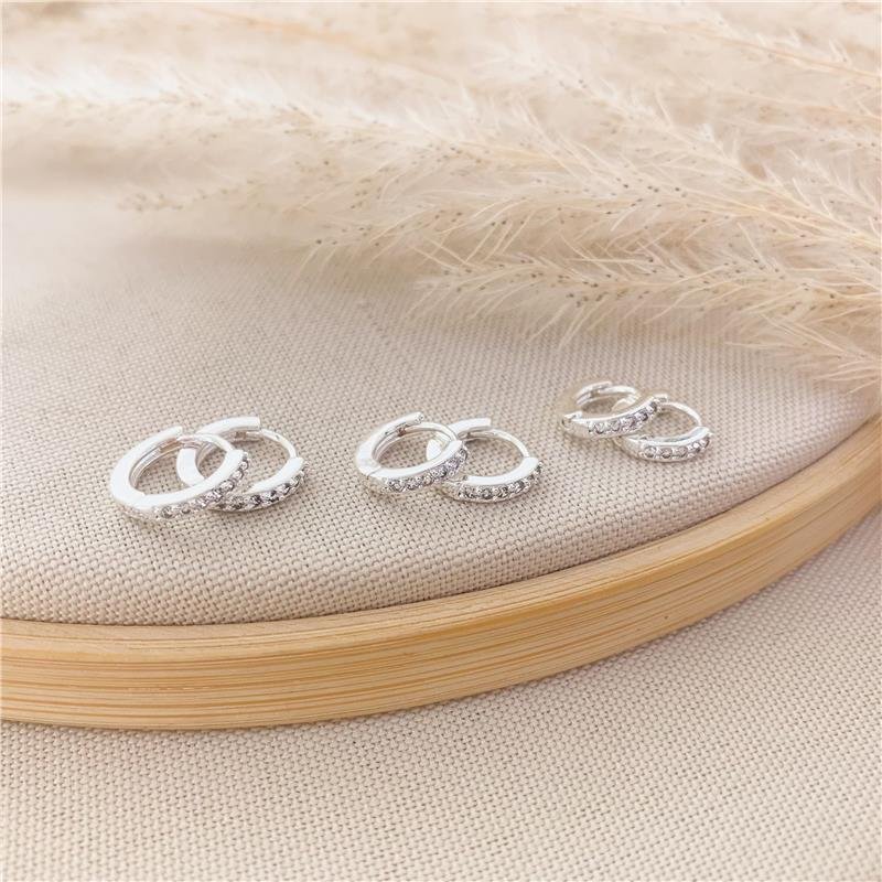 TRIO DE ARGOLINHAS REDONDA CRAVEJADAS EM ZIRCÔNIA – BANHO DE PRATA-KB1035-9-TP - CRISTAL