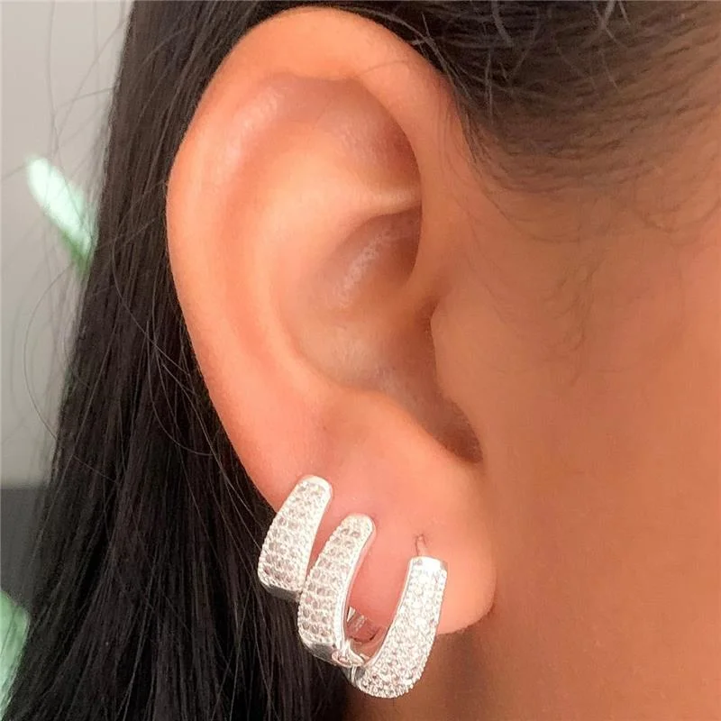 TRIO DE ARGOLINHAS GOTA CRAVEJADAS EM ZIRCÔNIA – BANHO DE PRATA-KB1173-3-TP - CRISTAL