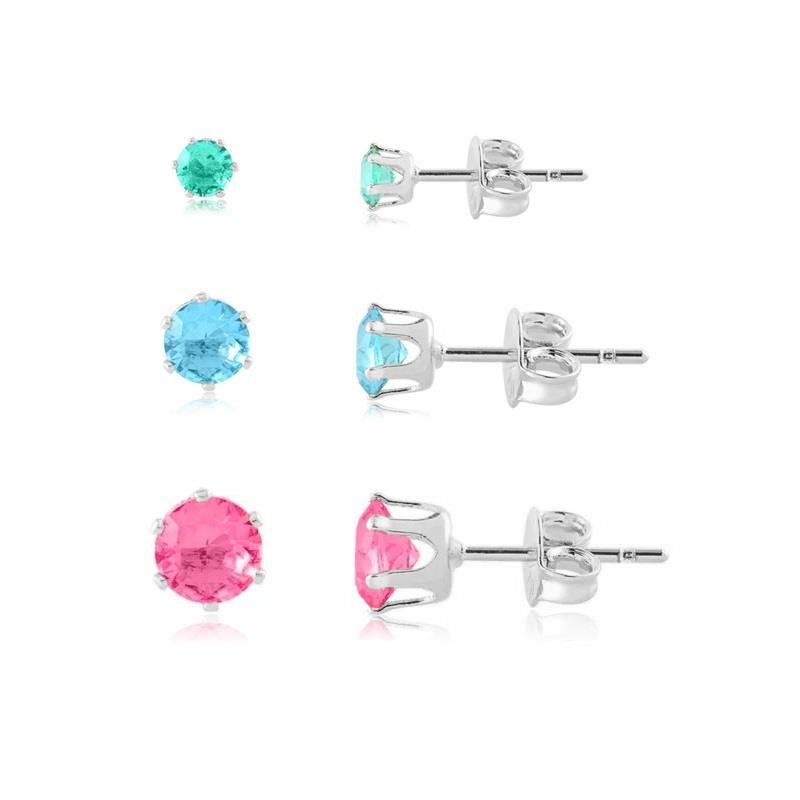 KIT DE BRINCOS REDONDO BANHADO A PRATA - COLORIDA