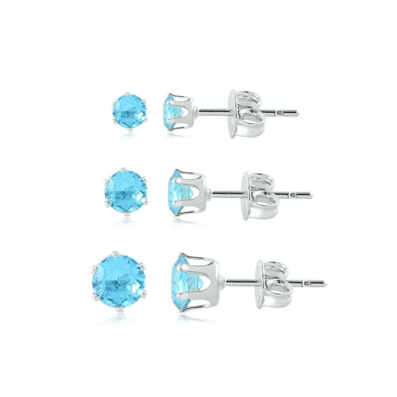 KIT DE BRINCOS REDONDO BANHADO A PRATA - AZUL CLARO