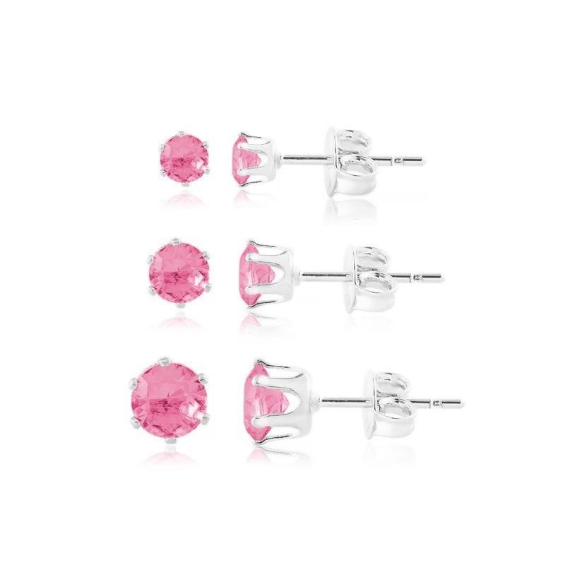 KIT DE BRINCOS REDONDO BANHADO A PRATA - ROSA FÚCSIA