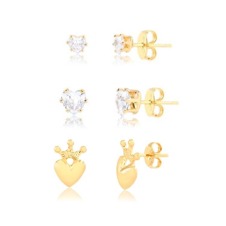 KIT TRIO DE BRINCOS CORAÇÃO COROA - CRISTAL