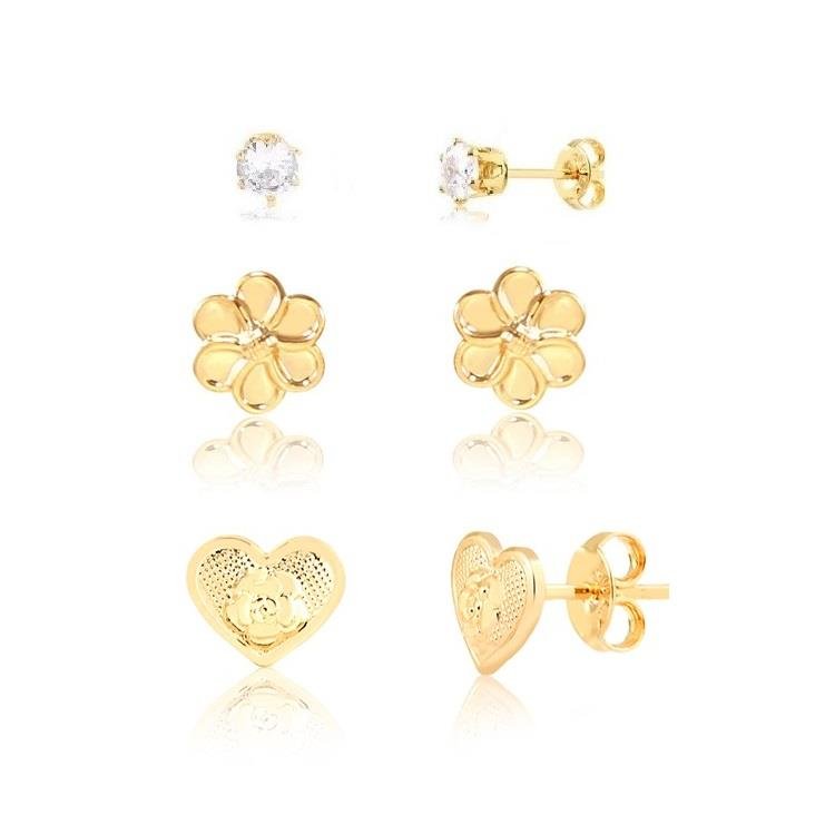 KIT TRIO DE BRINCOS FLOR - CRISTAL