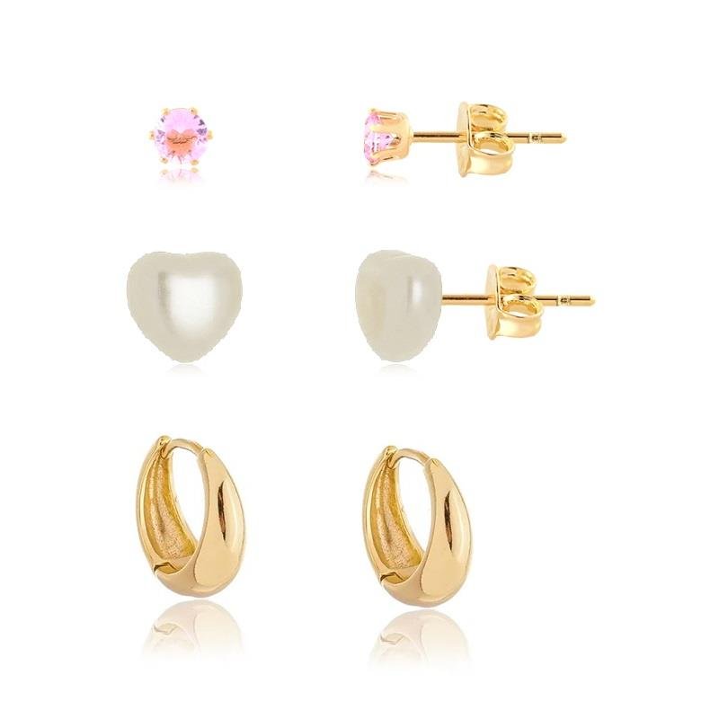 KIT DE ARGOLA E BRINCOS CORAÇÃO E PONTO DE LUZ - ROSA CLARO
