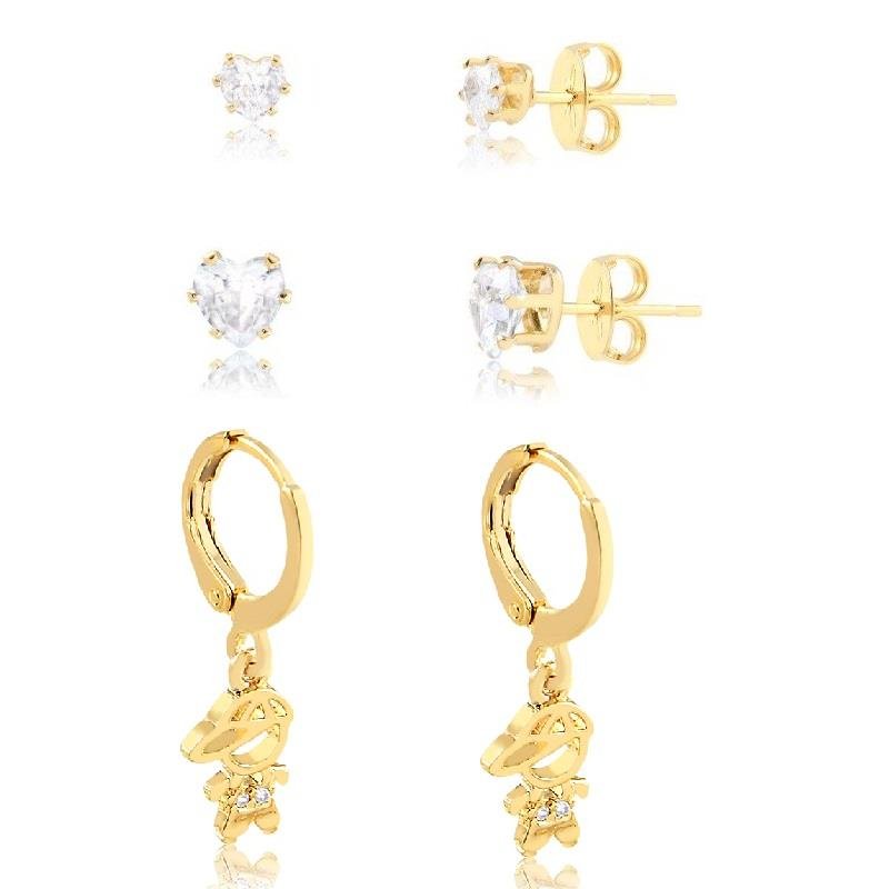KIT DE BRINCOS E ARGOLA MENINO CORAÇÃO - CRISTAL