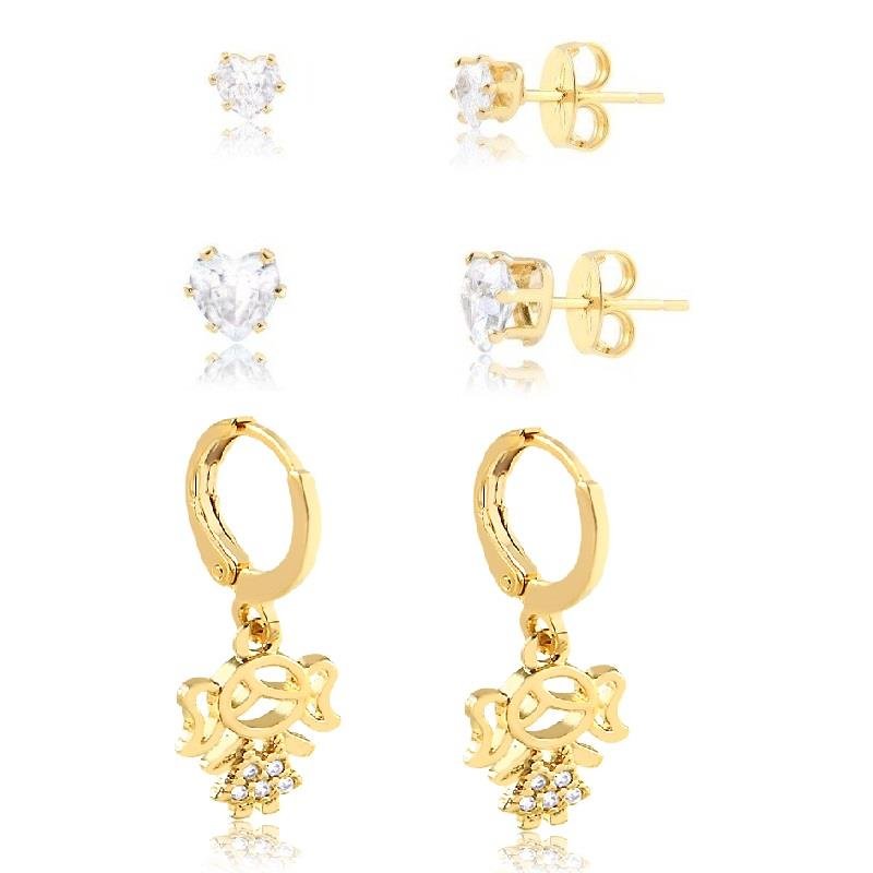 KIT DE BRINCOS E ARGOLA MENINA CORAÇÃO - CRISTAL