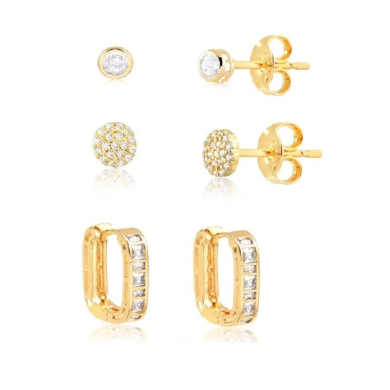 KIT DE ARGOLA QUADRADA E BRINCOS REDONDO - CRISTAL