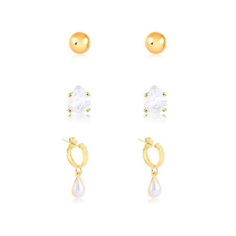 KIT DE ARGOLA E BRINCOS GOTA PÉROLA-BOLINHA-GOTINHA - CRISTAL