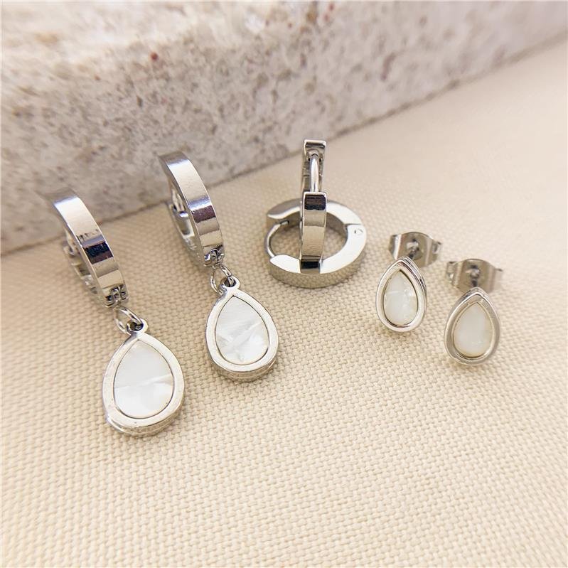 KIT DE ARGOLA-BRINCO GOTA MADRE-PÉROLA-AÇO INOX - BRANCO