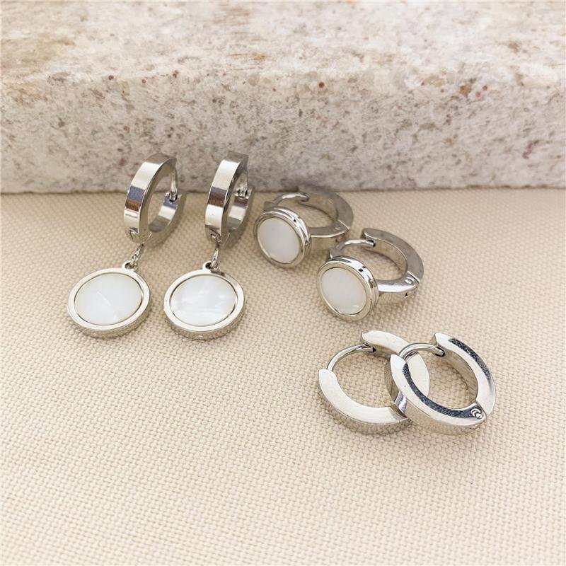 KIT DE ARGOLA REDONDO MADRE-PÉROLA-AÇO INOX - BRANCO