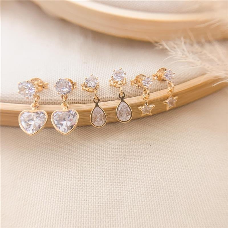 KIT DE BRINCOS CM PINGENTES CORAÇÃO-GOTA-ESTRELA - CRISTAL