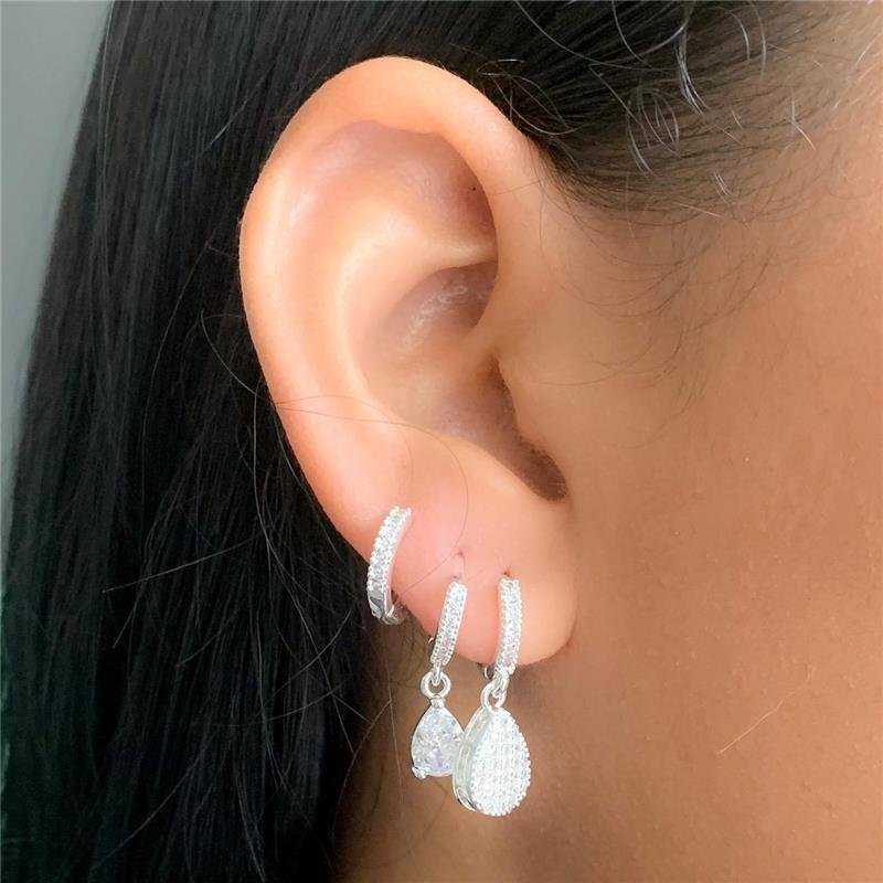 TRIO DE ARGOLINHAS GOTA CRAVEJADAS EM ZIRCÔNIA – BANHO DE PRATA-KB1528-TP - CRISTAL