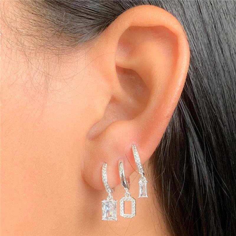 TRIO DE ARGOLINHAS RETANGULAR CRAVEJADAS EM ZIRCÔNIA – BANHO DE PRATA-KB1529-TP - CRISTAL