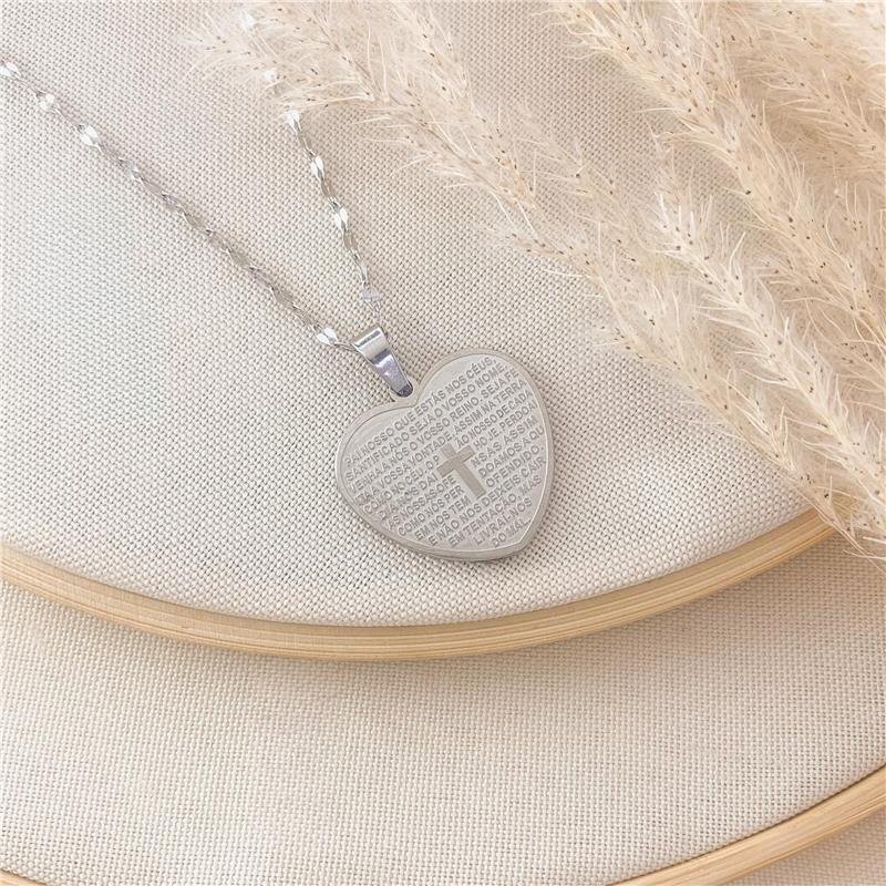 GARGANTILHA ELOS CORAÇÃO PAI NOSSO-AÇO INOX