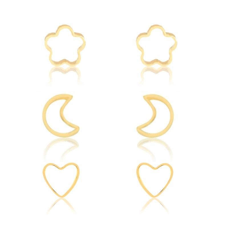 KIT DE BRINCOS CORAÇÃO/LUA/FLOR