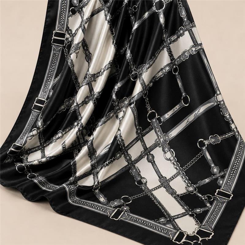 LENÇO DE CETIM ESTAMPADO ELEGANCE 90X90 - PRETO
