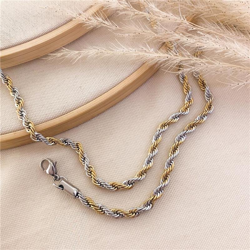MIX CORRENTE E PULSEIRA CORDÃO BAIANO BICOLOR-AÇO INOX